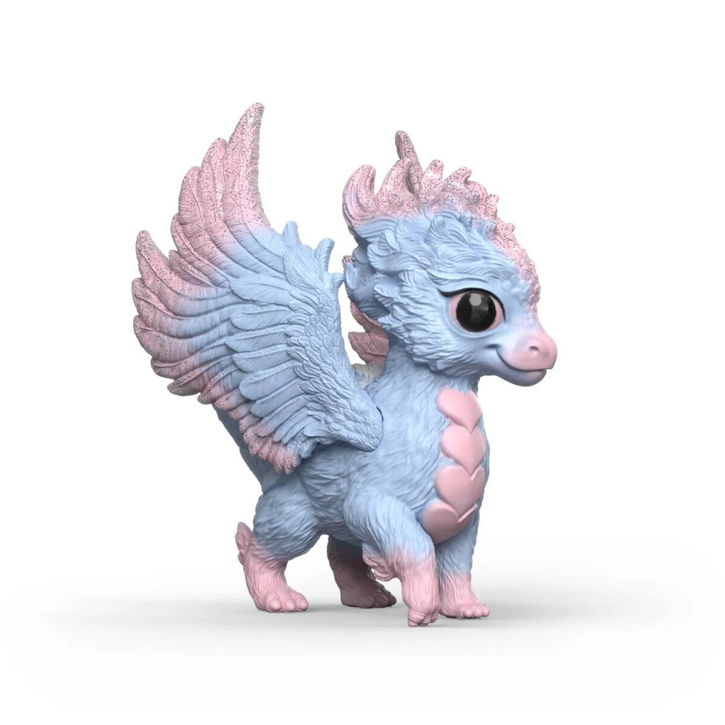 Close-up of the baby dragon's pearlescent wing membranes and sculpted scale detail along its back