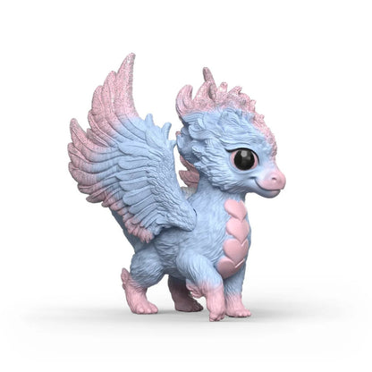 Close-up of the baby dragon's pearlescent wing membranes and sculpted scale detail along its back