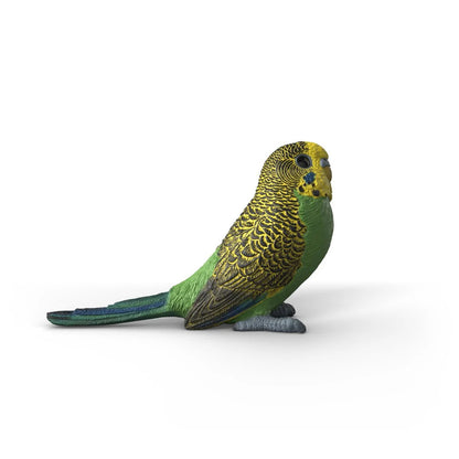 Close-up of the budgie's hand-painted head markings, curved beak and sculpted cere detail