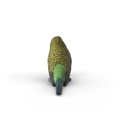 Budgie figure shown in profile revealing the individually sculpted tail and wing feathers