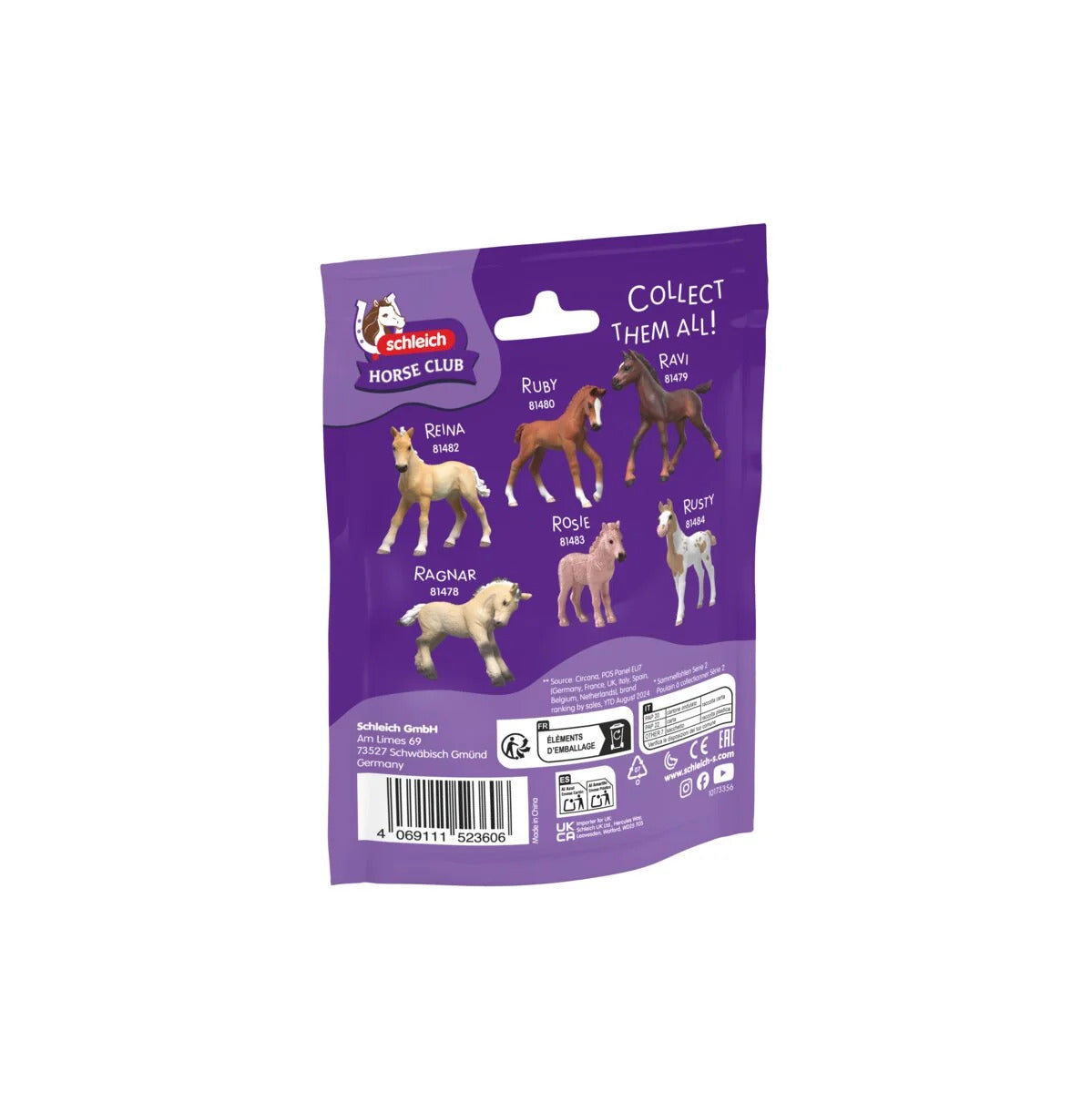 Reverse of the Collectible Foal Rocky 81481 pack, showing the collector's poster of all seven foals