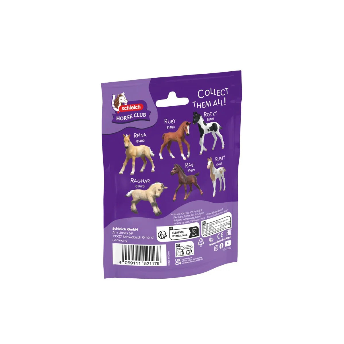 Reverse of the Collectible Foal Rosie 81483 pack, showing the collector's poster of all seven foals