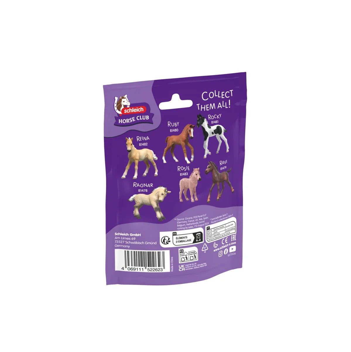 Reverse of the Collectible Foal Rusty 81484 pack, showing the collector's poster of all seven foals