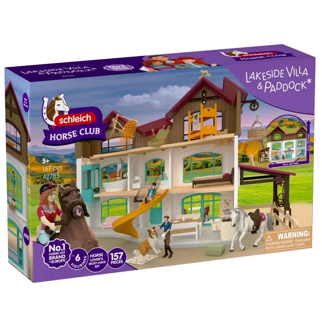 Schleich Horse Club Lakeside Villa and Paddock 157 piece playset with horses, figures and villa accessories front of box packaging