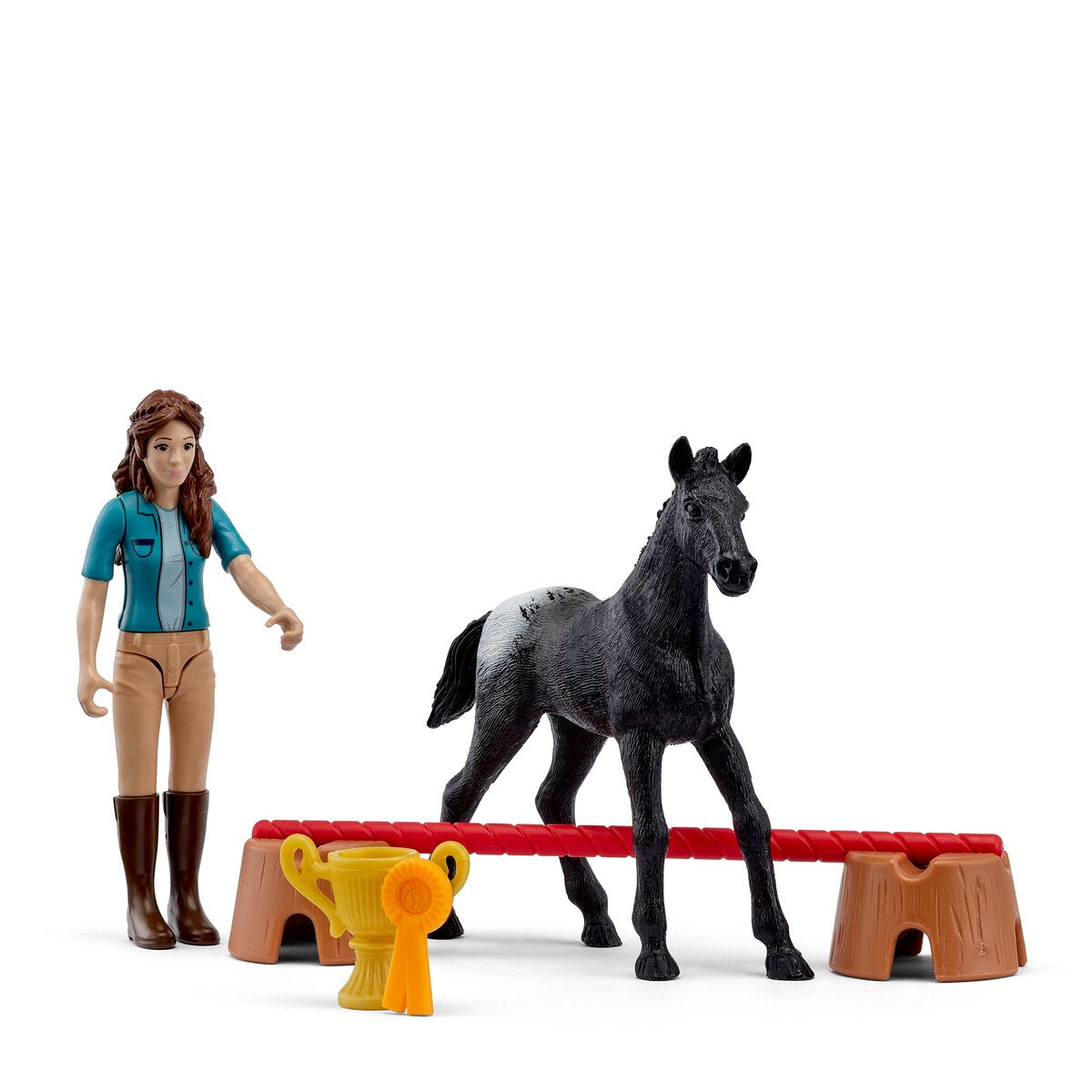 Schleich Show Victory with Snowy pocket set featuring a horse, rider figure and prize rosette