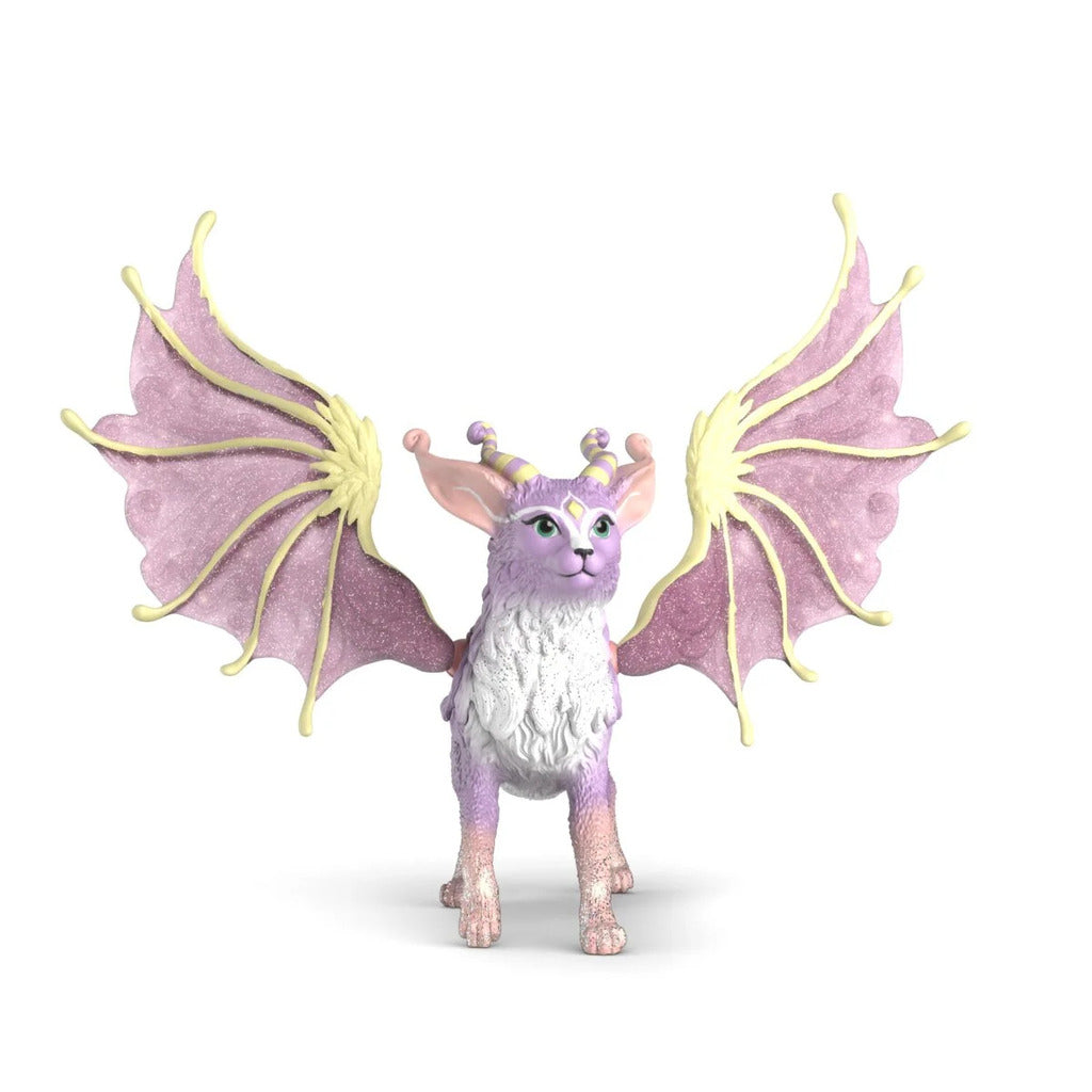 Close-up of the winged cat's hand-painted facial markings, flank stripes and detailed eyes