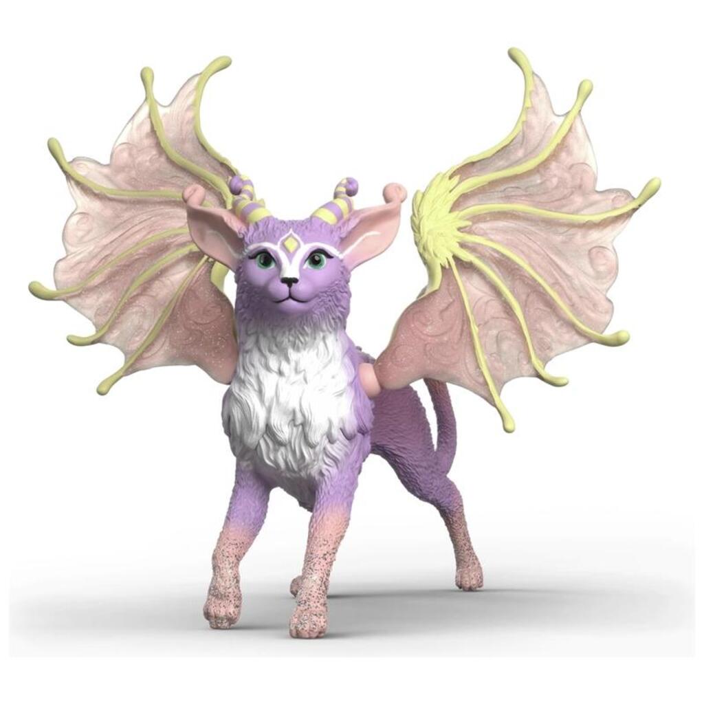 Schleich BAYALA Winged Cat Dragon 70846 fantasy figurine with large ears, pink dragon wings, curved yellow-and-purple striped horns and glitter detailing.
