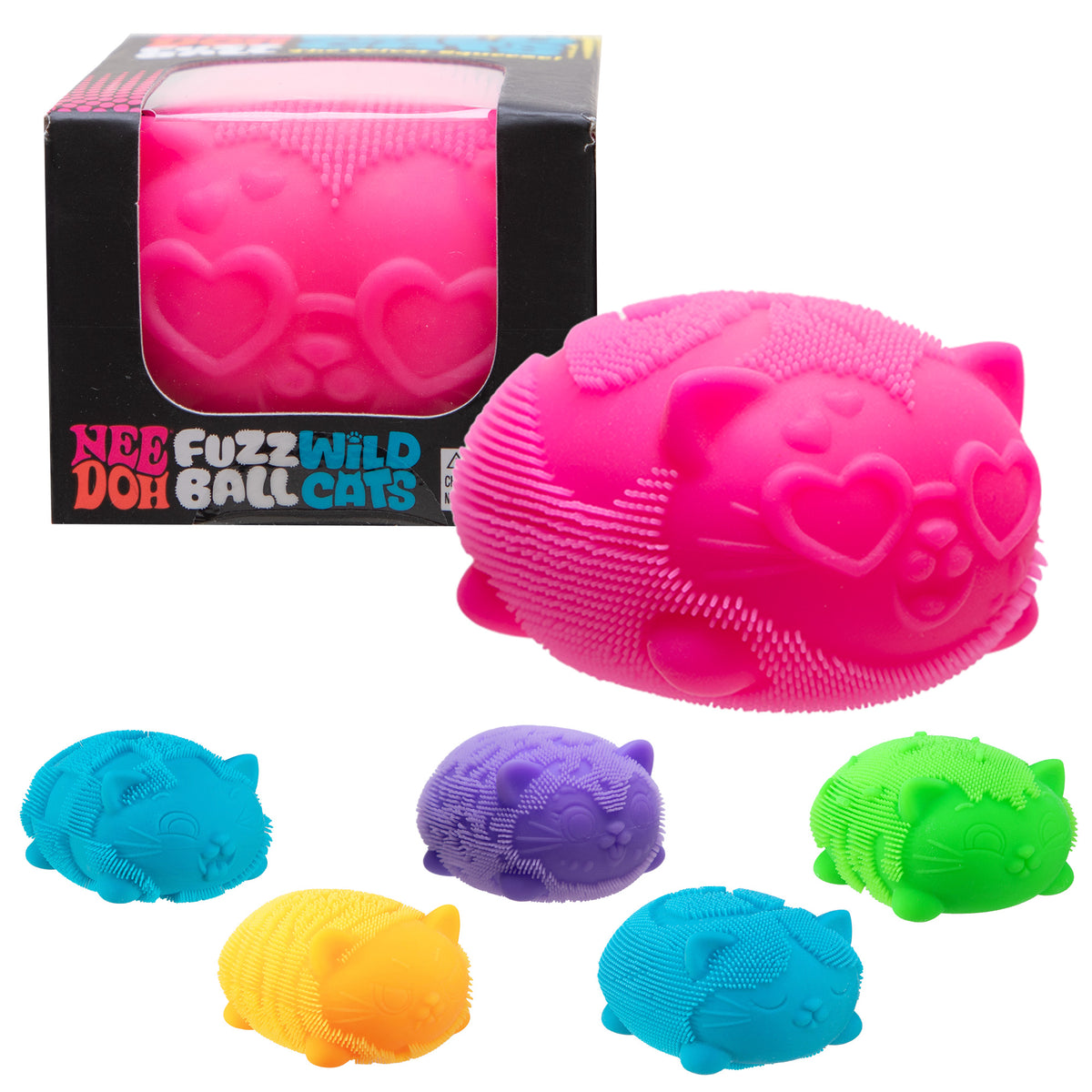 Schylling NeeDoh Fuzz Ball Wild Cats sensory squish toy assortment showing fuzzy cat designs in pink, blue, purple, green and yellow, with one randomly selected cat supplied per purchase.