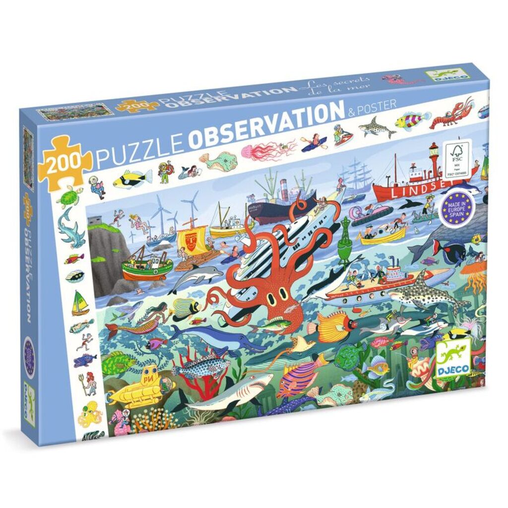 Djeco Secrets of the Sea 200-piece observation puzzle featuring a detailed underwater world with marine life