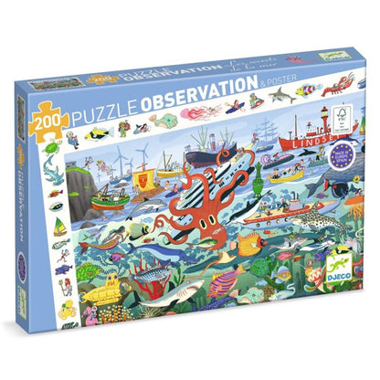 Djeco Secrets of the Sea 200-piece observation puzzle featuring a detailed underwater world with marine life