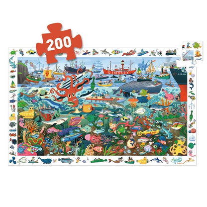 completed 200-piece Secrets of the Sea puzzle showing colourful ocean animals, boats and submarines