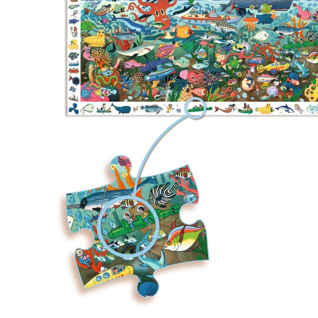 child searching for hidden objects in the detailed underwater illustration of Djeco observation puzzle