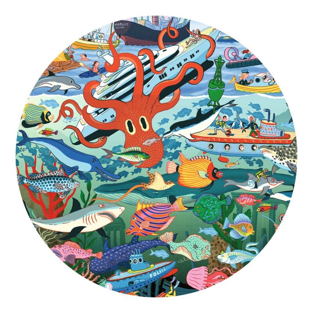 close-up of the underwater illustration showing divers, fish and hidden objects to find