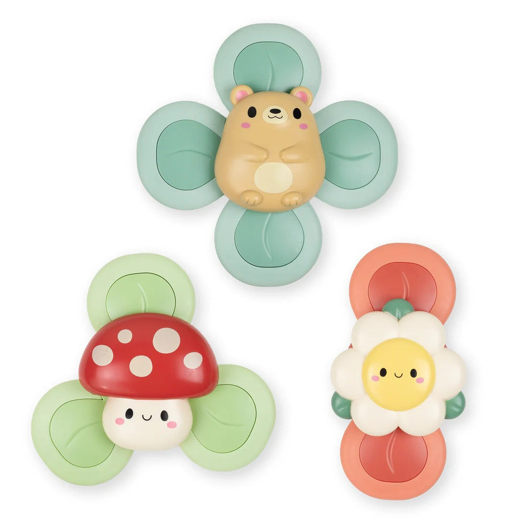 The three woodland spinner characters lined up together to show each colour and animal design