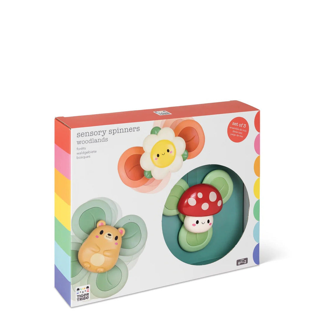 Set of three woodland sensory spinners on suction bases, baby toys for high chairs, windows and tiles