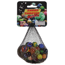 A package of Sharp Shooter Marbles in a black mesh bag with a printed header card, containing multiple colorful glass marbles.