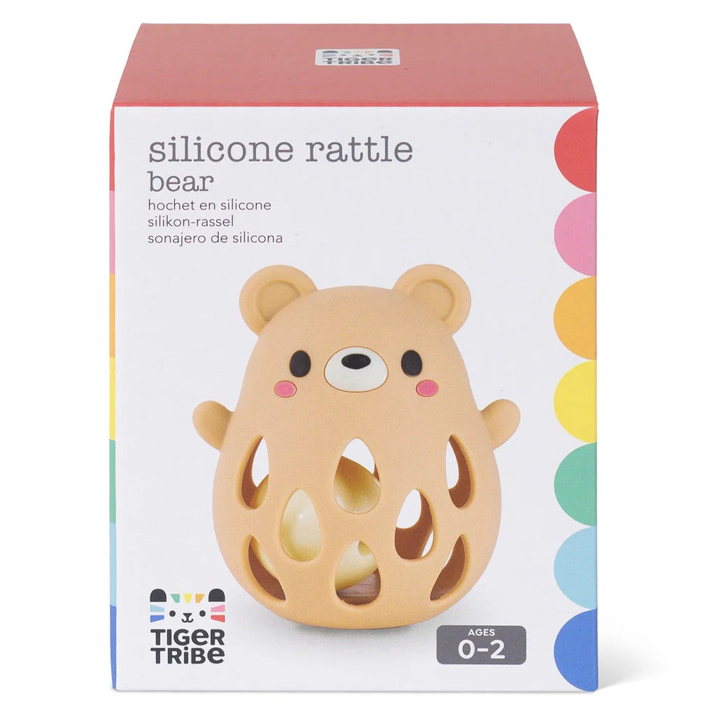 Silicone baby rattle shaped like a bear in soft beige, food-grade and BPA free for newborns to 2 years