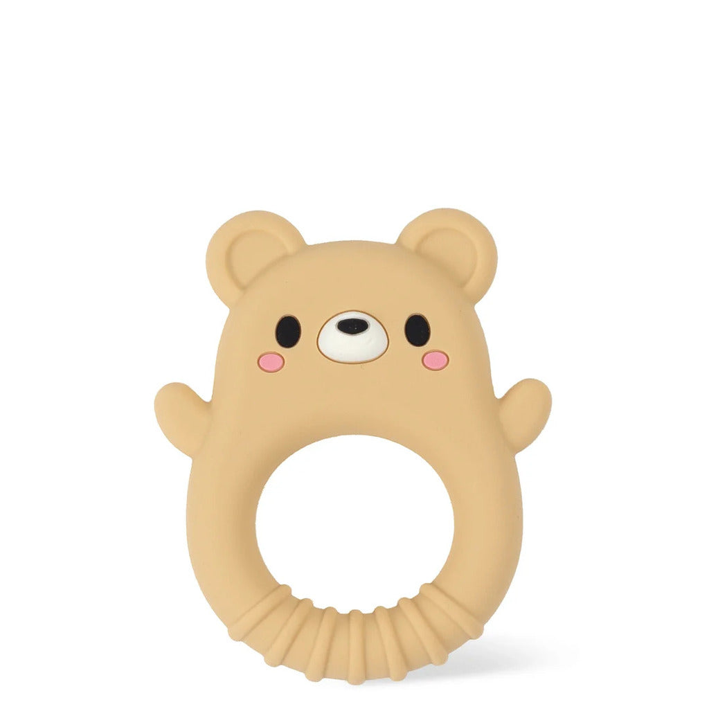 Close-up of the ridges and smooth curves across the bear teether that give counter-pressure on sore gums