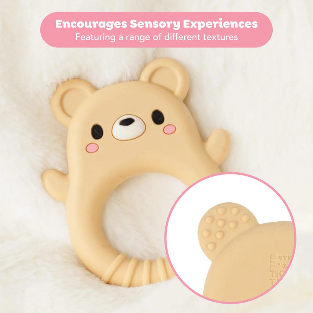 Baby holding the textured silicone bear teether in both hands and chewing the ring during teething