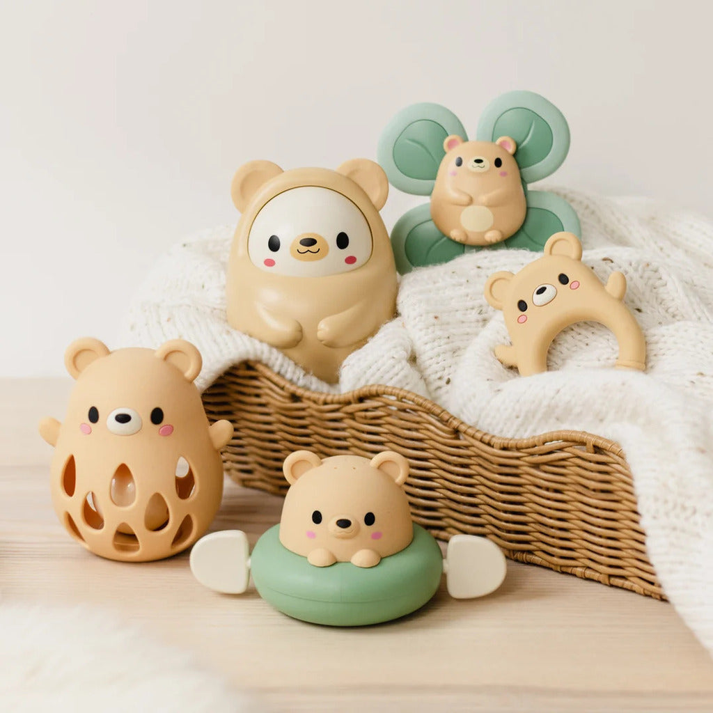 Silicone bear teether in its retail box with food-grade material and 0 to 18 months age labelling