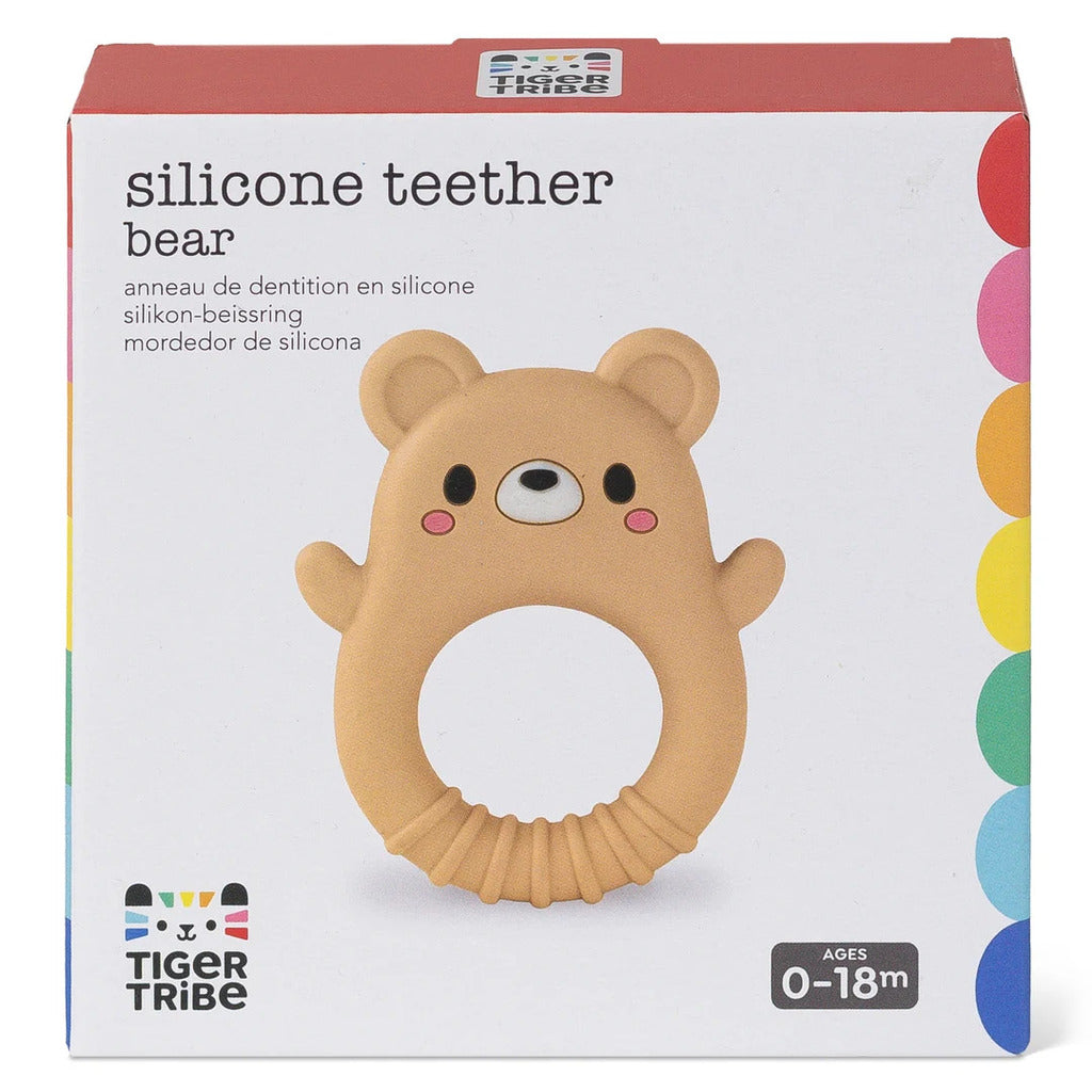 Silicone baby teether shaped like a bear with a textured ring body, food-grade and BPA free