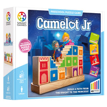 SmartGames Camelot Jr wooden logic puzzle game packaging featuring a knight and princess, colourful wooden castle blocks and stairways. Includes 48 challenges from starter to master for ages 4–7.