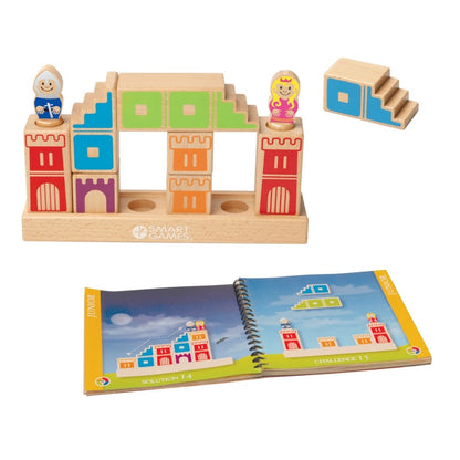 SmartGames Camelot Jr wooden puzzle game showing colourful castle blocks, stairway pieces, knight and princess figures, wooden game base and an open challenge booklet with illustrated puzzles and solutions.
