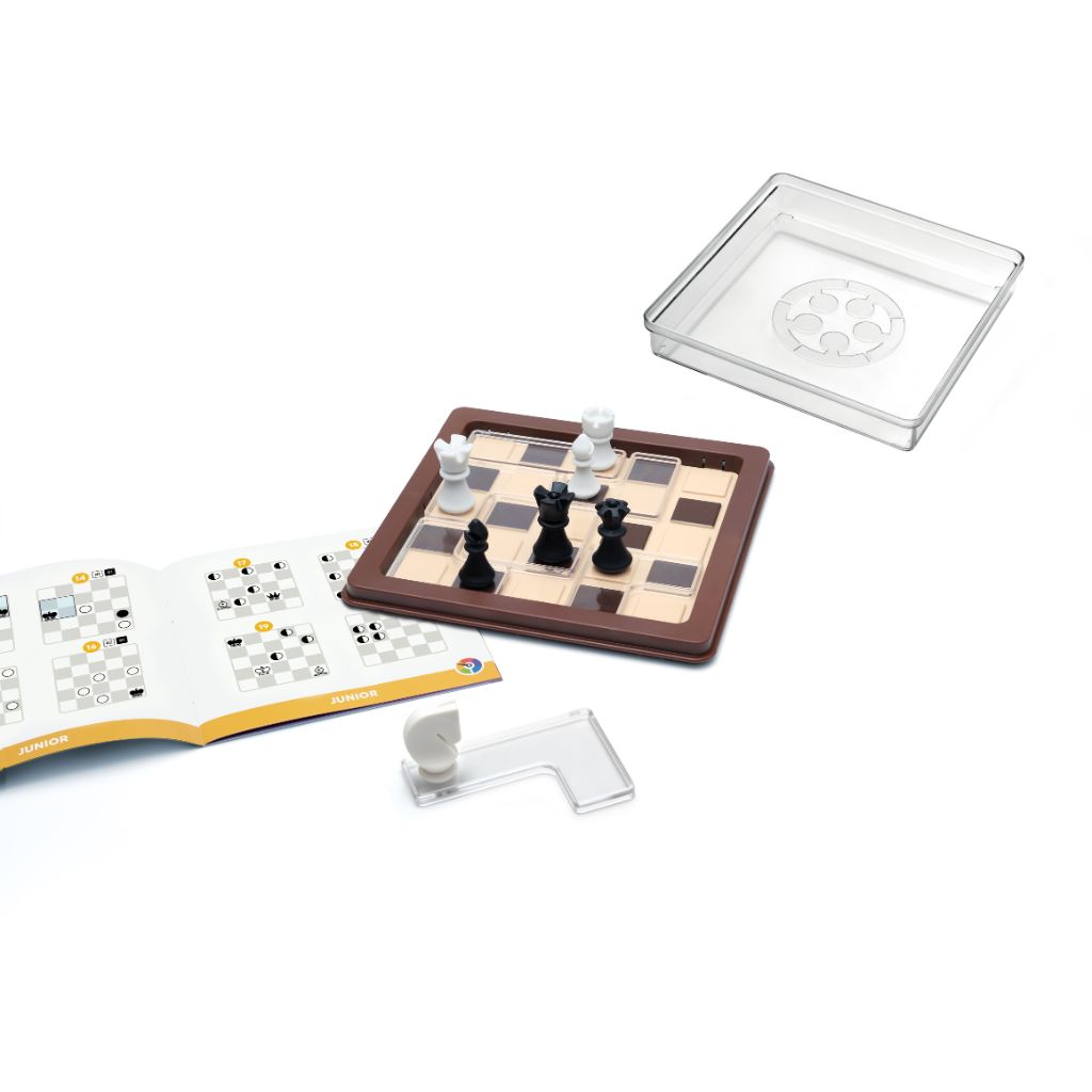 Chess Peace 5 x 5 game board with 7 black and white chess puzzle pieces and a booklet of 60 challenges