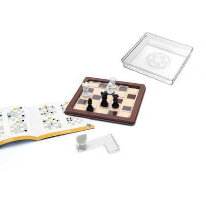 Chess Peace 5 x 5 game board with 7 black and white chess puzzle pieces and a booklet of 60 challenges