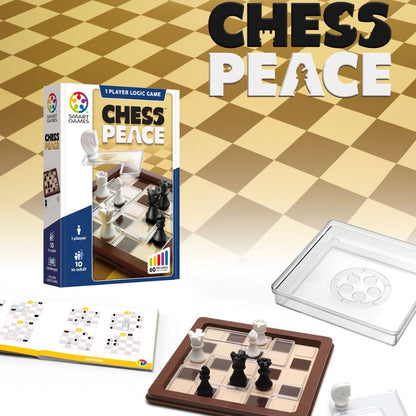 Chess Peace chess puzzle game for one player by SmartGames, box front showing the 5 x 5 board and chess pieces