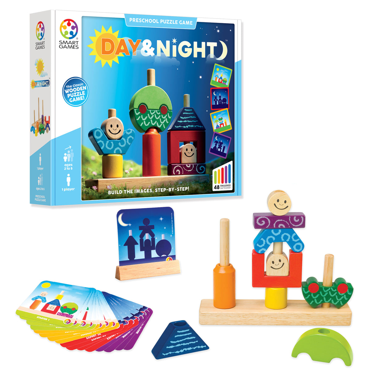 SmartGames Day and Night wooden preschool logic puzzle game with colourful blocks