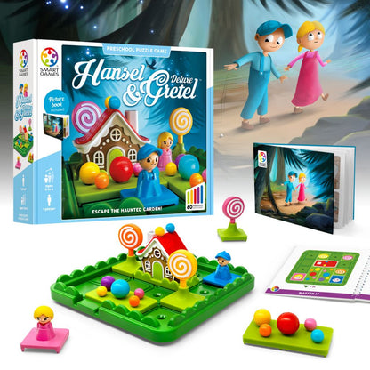 Hansel & Gretel sliding puzzle game for kids by SmartGames, box front showing the fairy tale board and pieces