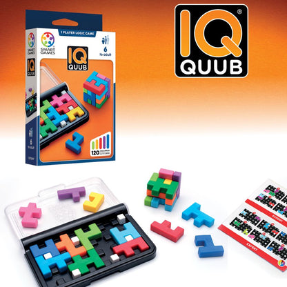 IQ Quub 2D and 3D cube puzzle game by SmartGames, compact box with transparent lid and colourful pieces