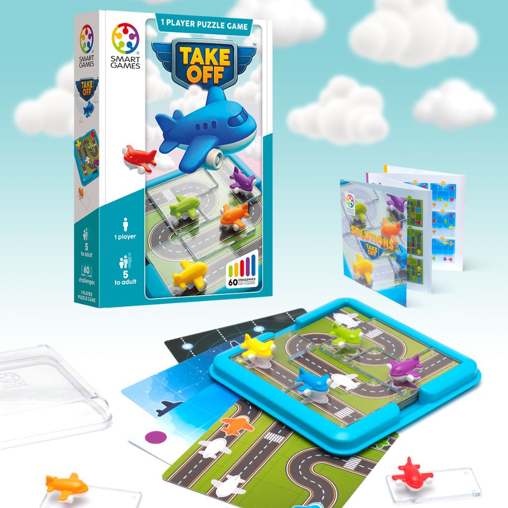 Take Off aeroplane logic puzzle game by SmartGames, box front showing colourful planes on the airport board