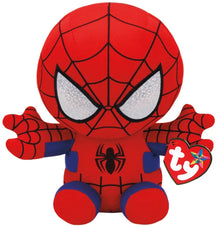 The Spider-Man Medium 24cm Ty Beanie Boo plush toy photographed front-on, 24cm, on a white background