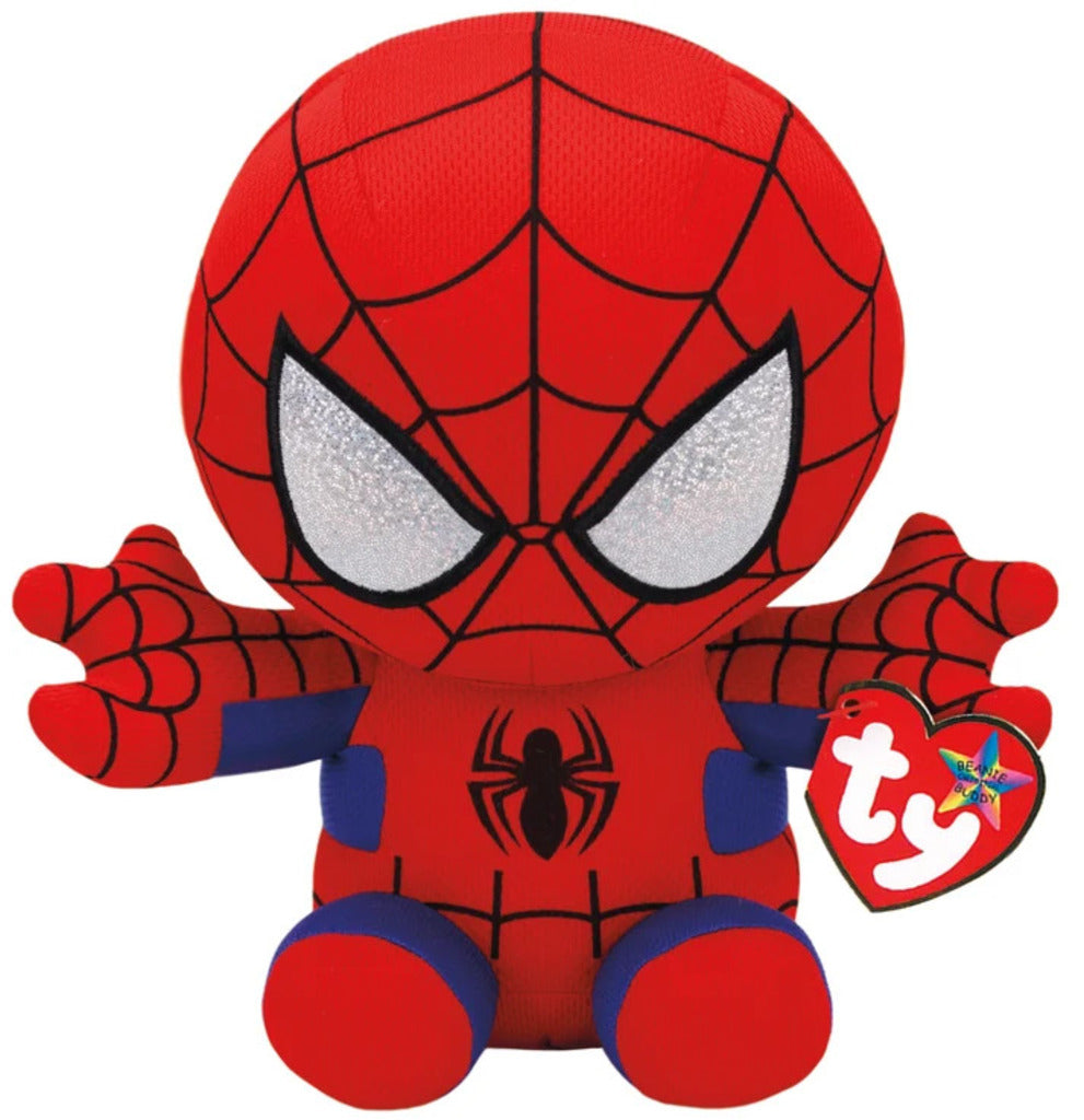 Front view of the Spider-Man Ty Beanie Boo plush toy photographed front-on on a plain white background