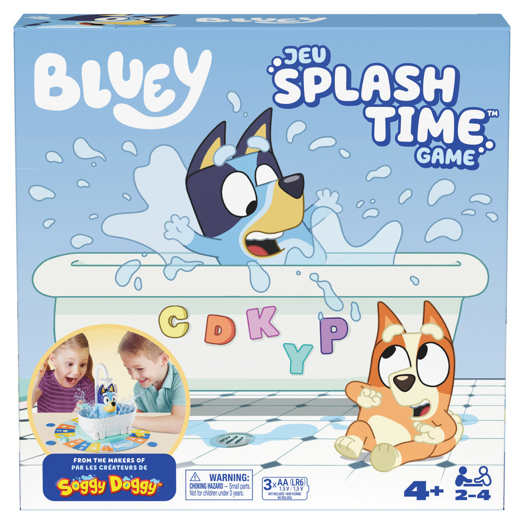 Bluey Splash Time board game with the bathtub, showerhead, game board, four movers, tokens and die