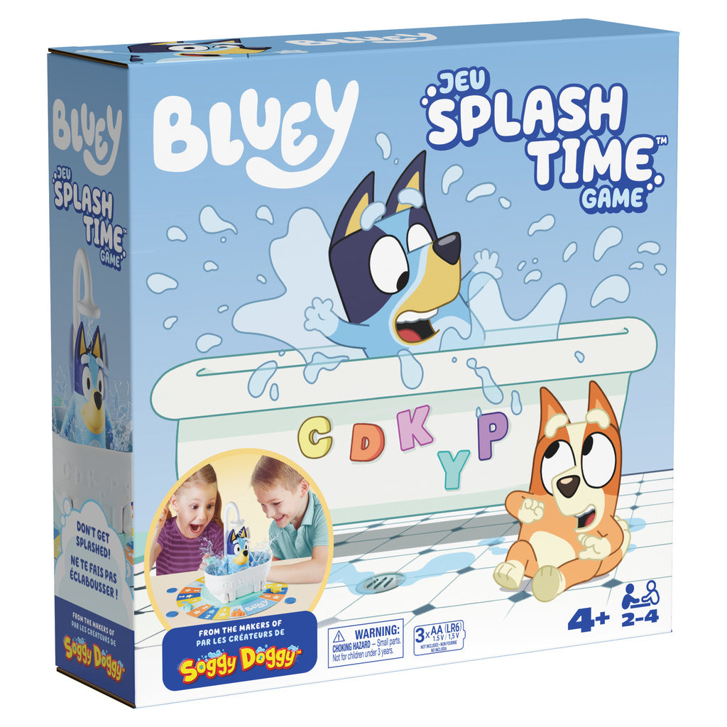 Four children around the board laughing as Bluey shakes real water at the player closest to her