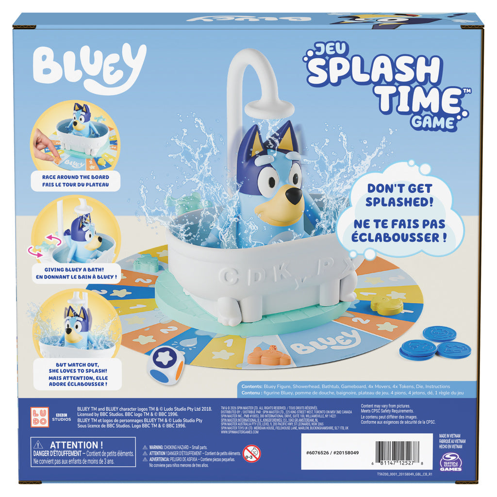 Hand turning the star knob clockwise mid-turn while the Bluey figure sits in the filled bathtub