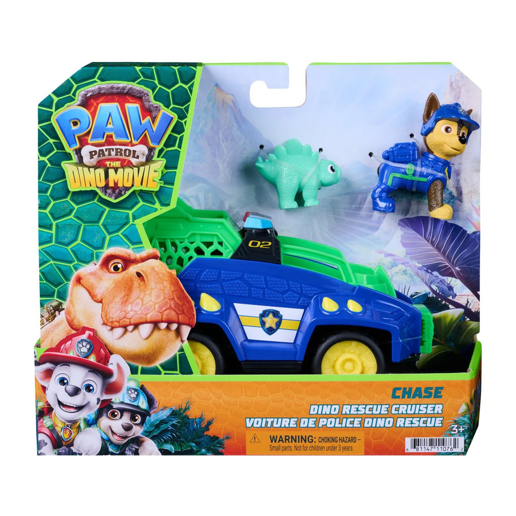 Chase PAW Patrol Dino Movie themed vehicle in blue with police detailing, shown with Chase pup figure and dinosaur