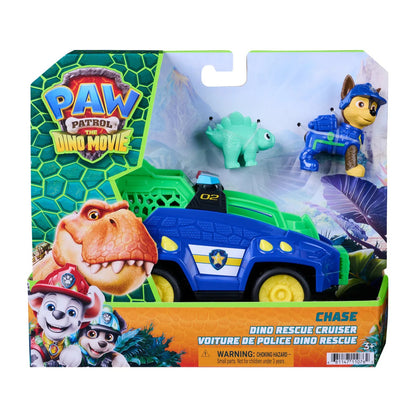 Chase PAW Patrol Dino Movie themed vehicle in blue with police detailing, shown with Chase pup figure and dinosaur
