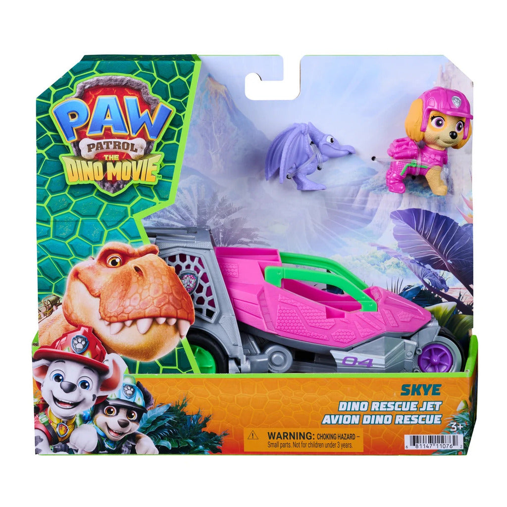 Skye PAW Patrol Dino Movie themed vehicle in pink with dinosaur scale detailing, shown with Skye pup figure and dinosaur