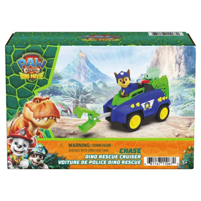 Chase PAW Patrol Dino Movie vehicle in its retail packaging with the pup and dinosaur figures in view
