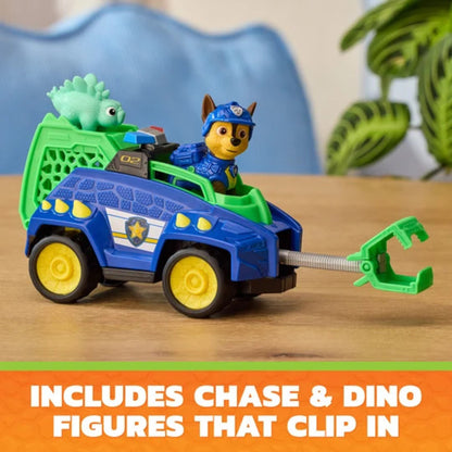 Collectible Chase pup figure standing next to his police-blue Dino Movie rescue cruiser