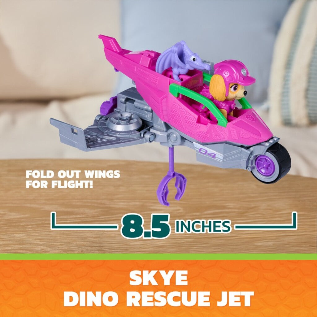 Front of the Skye PAW Patrol Dino Movie vehicle with its dinosaur-inspired nose and rolling front wheels