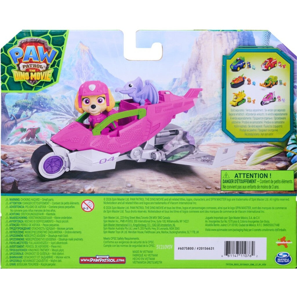 Skye PAW Patrol Dino Movie vehicle in its retail packaging with the pup and dinosaur figures visible