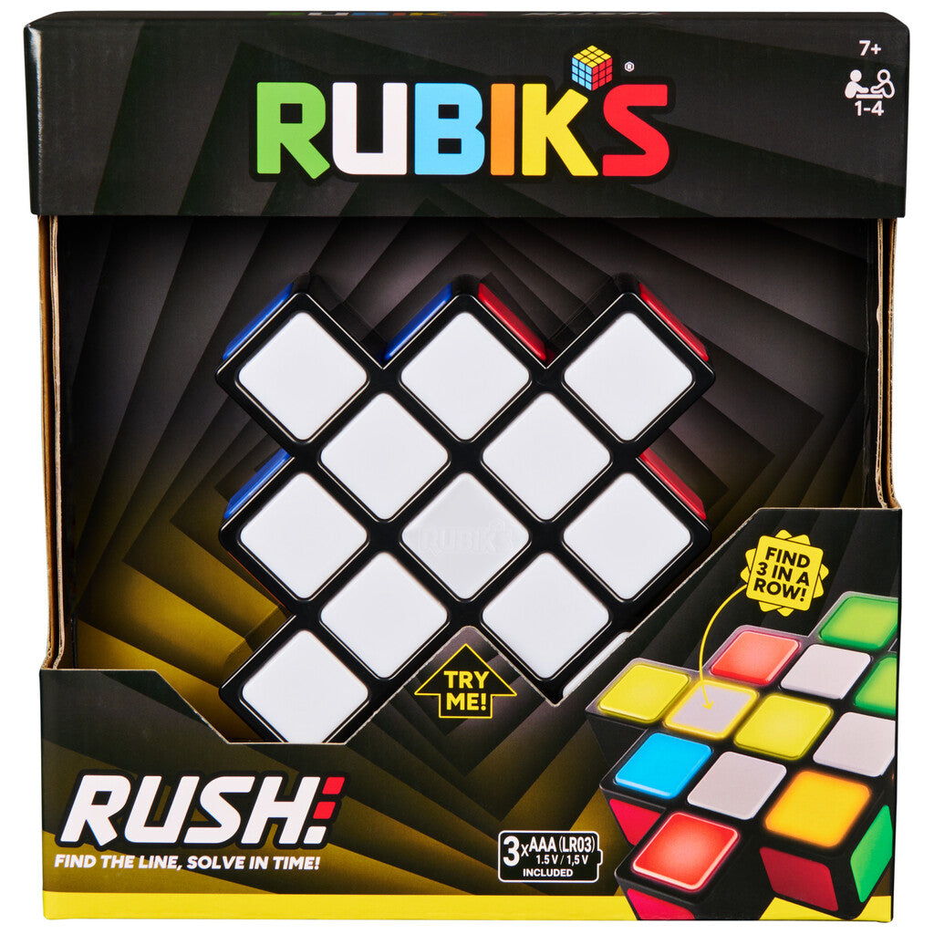 Rubik's Rush electronic speed game with its nine light-up squares glowing in classic Rubik's colours