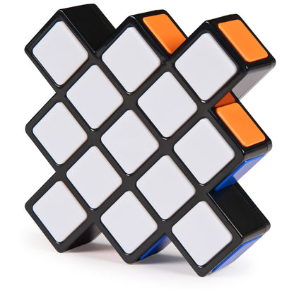Rubik's Rush held in one hand next to a standard Rubik's Cube to compare the two for size