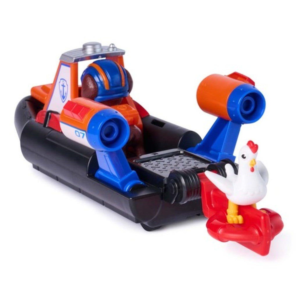 PAW Patrol Zuma Rescue Hovercraft in its Search and Rescue retail packaging with the Zuma and Chickaletta figures