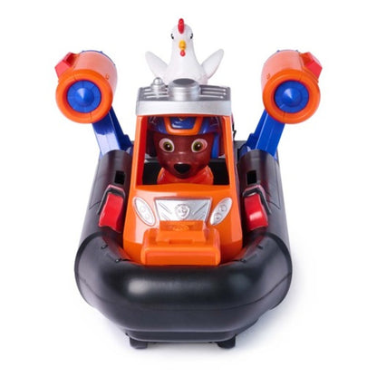 Zuma figure in his Search and Rescue uniform, over 5cm tall, standing beside the pullback Rescue Hovercraft